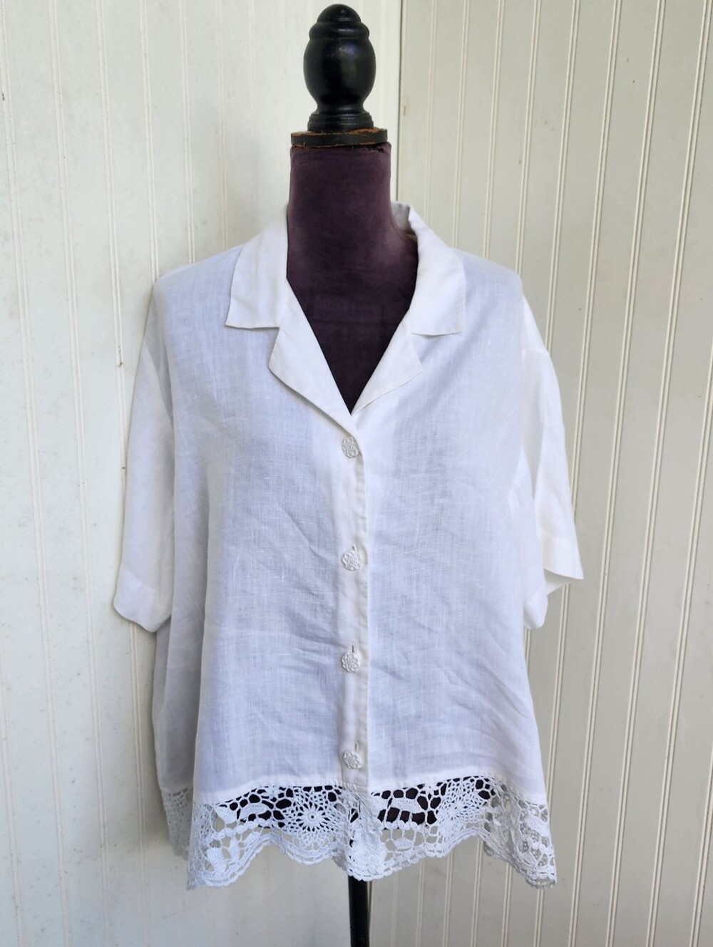 VTG DAVID DART COLLECTION 100% Linen White Button Blouse Crochet Lace XL